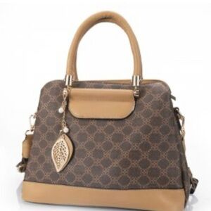 Tan Patterned Satchel Handbag with Leaf Charm